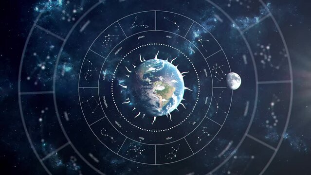 Astrology Concept Animation - Signs of the Zodiac as the Moon orbits the Earth