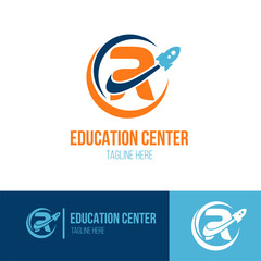 Obraz premium Initial Letter R with Rocket Spaceship icon for Success, Education Center, Fast Learning Business Logo Idea