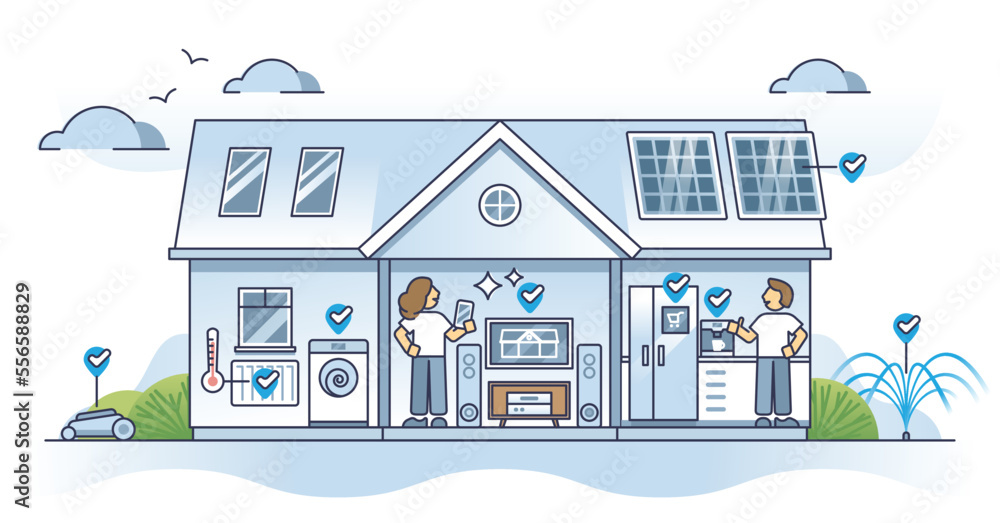 Poster home automation and smart wireless iot house appliances outline concept. temperature heating, securi