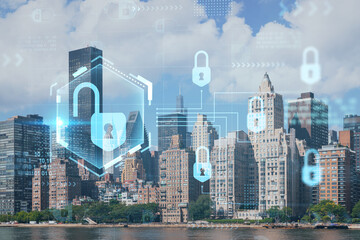 New York City skyline from Roosevelt Island over the East river towards skyscrapers of Midtown Manhattan, day time. The concept of cyber security to protect confidential information, padlock hologram