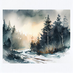 winter forest with snow at sunrise, created with generative ai