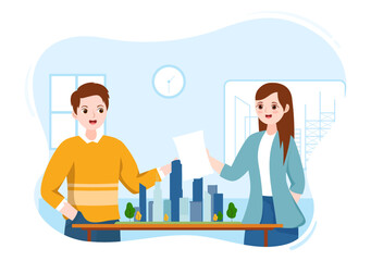 City Council Meeting with Business Team, Employee for Important Negotiation or Define Buildings in Flat Cartoon Hand Drawn Templates Illustration