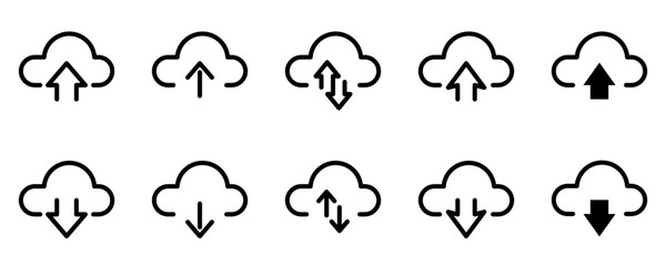 Obraz premium Conjunto de iconos de nube de almacenamiento. Cargar y descargar de la nube. Base de datos y almacenamiento en la red. Ilustración vectorial