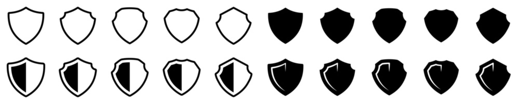 Conjunto de iconos de escudo de protección. Antivirus. Concepto de tecnología, protección y seguridad. Escudo protector de varios estilos. Ilustración vectorial