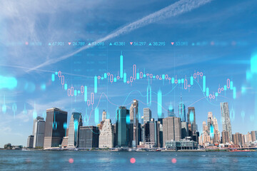 Skyline of New York City Financial Downtown Skyscrapers over East River from park, Dumbo at day time, Manhattan. Forex graph hologram. The concept of internet trading, brokerage, fundamental analysis