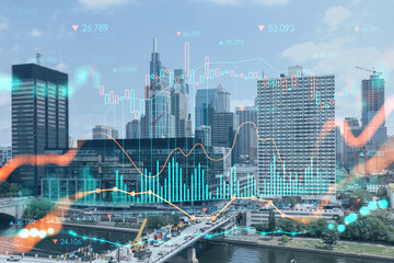 Naklejka na ściany i meble Aerial panorama city view of Philadelphia financial downtown at day time, Pennsylvania, USA. Glowing forex candlesticks chart hologram. The concept of internet trading, brokerage and analysis