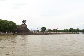 Deutsches Eck (German Corner) between Rhine and Moselle river with Emperor William monument statue in Koblenz, Germany