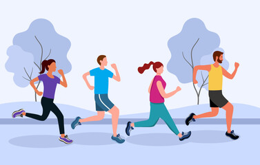 Fototapeta na wymiar Group of people running for exercise in flat design vector illustration.