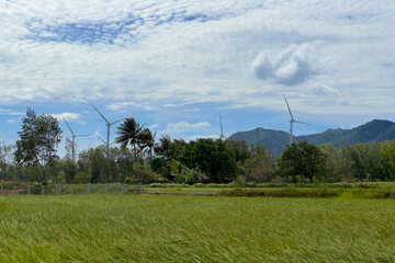 Windmills for electric power production in Vietnam. Wind turbines farm, windmill farm producing green energy on natural background. Renewable Energy concept, technology landscape 