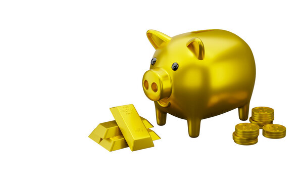 image transparency 3d render money jar pig gold with money gold dollar coin stack, concept saving, and financial business illustrate copy space for text