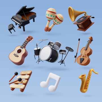 3d icon set of music instrument, musical and recreation concept.