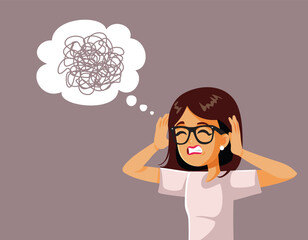 Stressed Woman Feeling Puzzled and Confused Vector Cartoon Illustration. Desperate young lady feeling overwhelmed overthinking her problems
