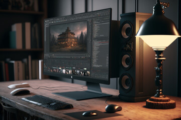 A desktop computer setup and work space at home. Generative AI