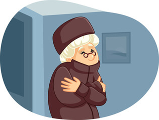 Senior Woman Freezing Feeling Cold at Home Vector Illustration. Unhappy grandma shivering in her own house due to energy crisis and poverty
