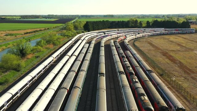 Aerial view of trains and locomotives in the storage sidings at Ely, Cambridgeshire, UK.