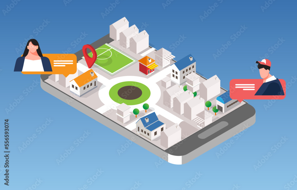 Poster 3D isometric map for delivery app by screen phone 