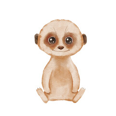 Cute baby watercolor Meerkat isolated on white background . Animal character sitting. Hand drawn illustration for kids.
