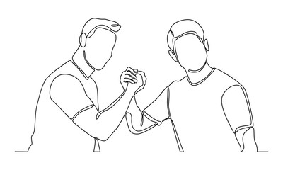 Continuous line of man arm wrestling, wrestling, a dispute between two friends