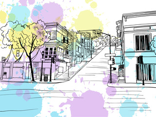 Nice old street in San Francisco, California, USA. Urban landscape. Sketch style. Hand drawn illustration on blobs. Vector background.	