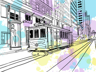 Cable Car in San Francisco. California streetcar. USA. Traditional California car. Hand drawn urban sketch. Digital illustration on blobs. Vector background.