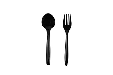 Black Plastic spoon and fork isolated on white background with clipping path.