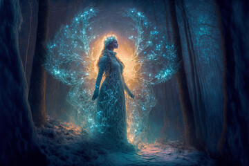 Fototapeta na wymiar Dreamy fairy in a fantasy magical enchanted forest with butterflies. Digital artwork 