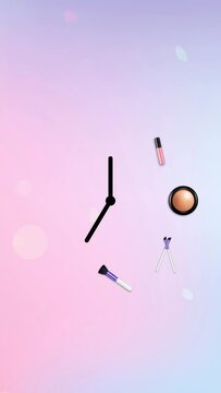 Creative clock idea for the happy new year of 2023 with makeup products for a social media poster. Instagram poster design.