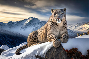 Snow leopard in the snow covered mountains. Digital artwork - obrazy, fototapety, plakaty