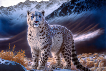 Snow leopard in the snow covered mountains. Digital artwork - obrazy, fototapety, plakaty