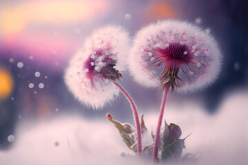 Evening winter nature background, beautiful meadow dandelion flowers in field and snowfall. vintage filter effect. Digital artwork	