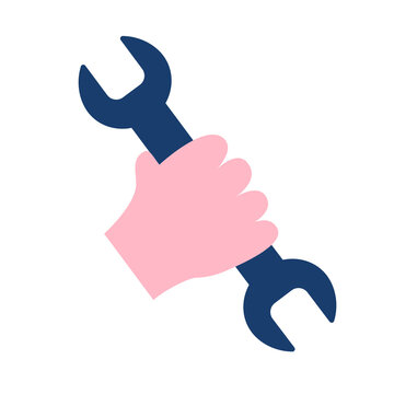 Wrench in hand. Vector illustration flat design. Handle industrial tool for repair. Symbol of heavy mechanical work, logo.