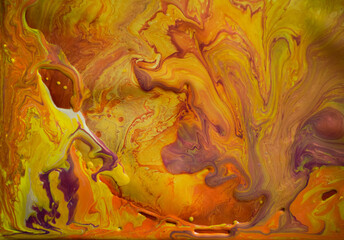 Abstract fluid painting in gold, orange and purple colors. Interior decor