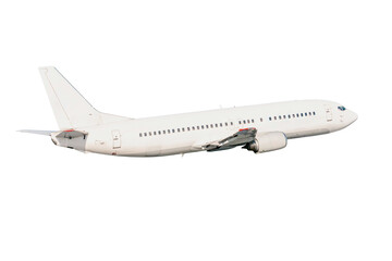 White passenger airplane flies isolated on transparent background
