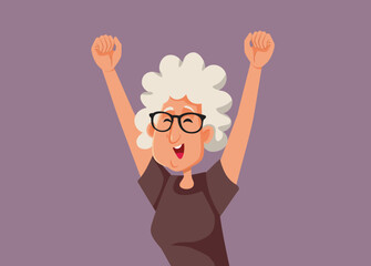 Happy Granny Celebrating Feeling Joyful Vector Cartoon Illustration. Exuberant granny feeling positive and optimistic raising hands expressing joy 
