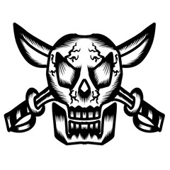 Scary grinning skull with sword isolated on transparant background