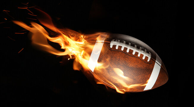 American football ball with bright flame flying on black background.