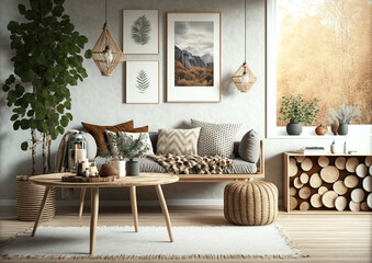 Wooden natural furniture in living room design, interior wall mock up, AI assisted finalized in Photoshop by me 