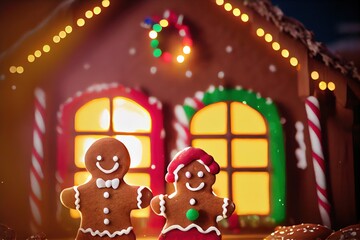 Obraz premium Christmas Gingerbread House with Smiling Man and Woman Holiday Candy Icing Frosting Background Image 
