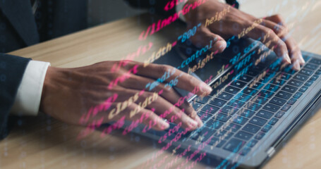 Programmers work with computer code on a virtual interface. Digital software technology development concept.