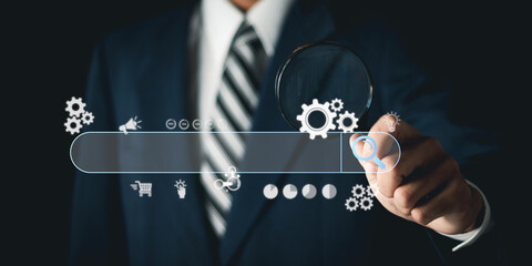 Search engine browsing internet with empty search bar. Search engine optimization (SEO).