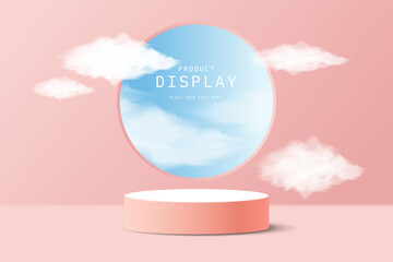 3d background platform with sky, cloud and round or circle window shape. Realistic 3d white pink cylinder pedestal podium . Product display Presentation. Stage for showcase. studio room minimal scene.