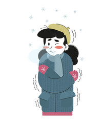 Vector winter illustration, the girl is shivering and freezing from the cold in winter. Weather forecast, cold, winter. Poster, advertisement, booklet.