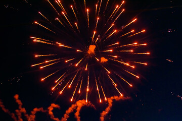 Fototapeta na wymiar Bright, beautiful red fireworks in the night sky.