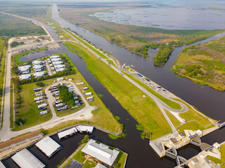 Aerial image of locks and dams Lake Okeechobee Florida USA