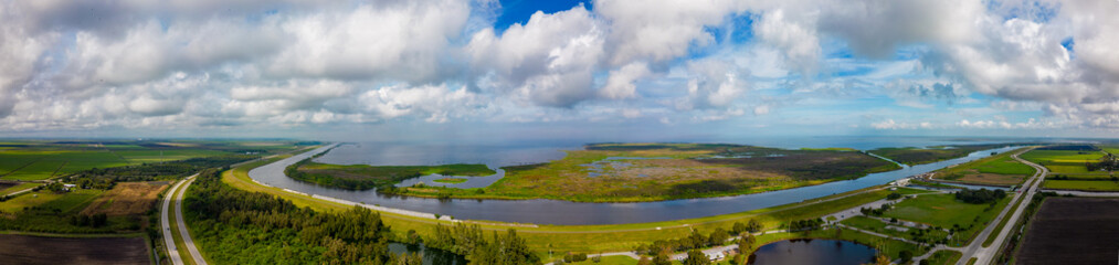 Aerial Panoramic photo John Stretch Park Clewiston FL with amazing views of Lake Okeechobee