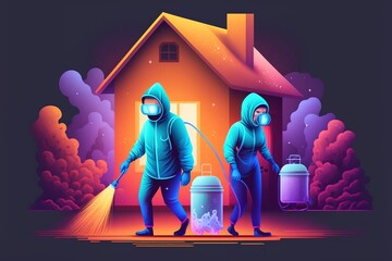 Home disinfection by commercial disinfecting services, surface treatment from pandemic coronavirus. Disinfectant workers wear protective mask and suit sprays covid-19. Vector illustration