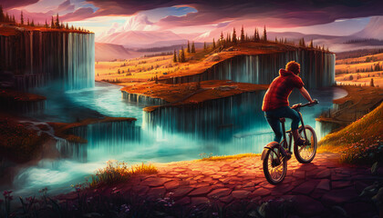 A cyclist is depicted against the backdrop of a magical waterfall. Generative AI