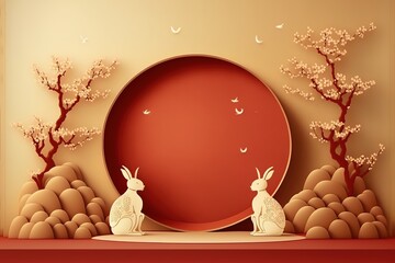 Asian Style Background Template With Podium For Products Display And stock illustration Chinese New Year, Vector - obrazy, fototapety, plakaty