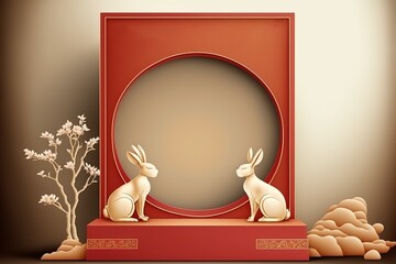 Asian Style Background Template With Podium For Products Display And stock illustration Chinese New Year, Vector