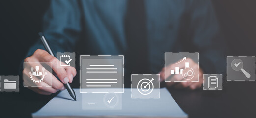 Businessman validates and manages business documents and agreements. , signing a business contract...